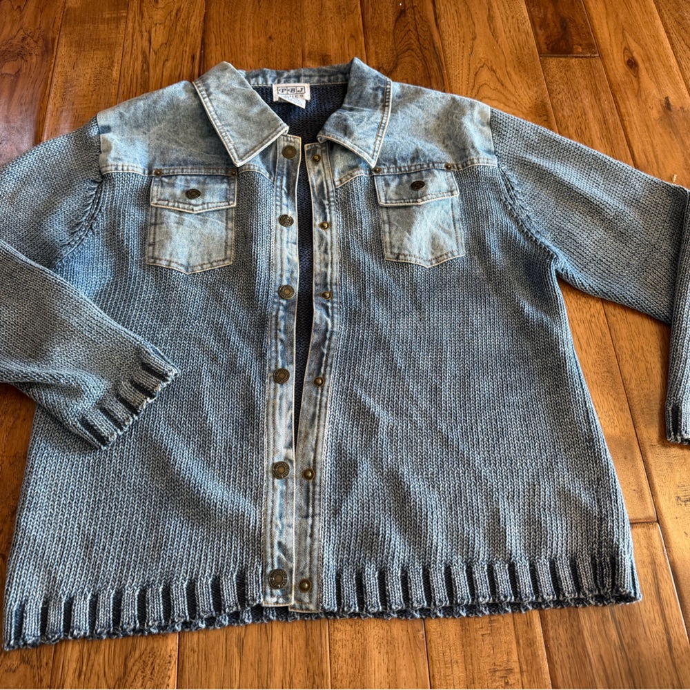 Denim-Trim Blue Button-Front Women's Sweater Jacket
